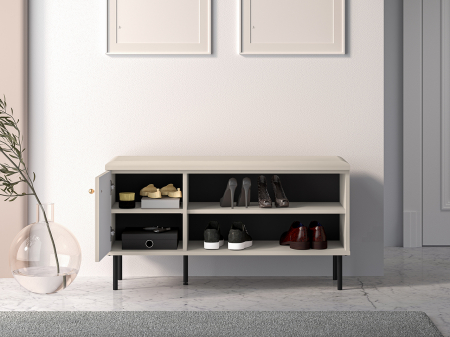 Pantofar/dulap pantofi hol, 1 usa si raft ,bej crem casmir, pal+mdf casmir , 102x 55x34 cm, usa mdf cu model riflaj, picioare negre, butoni auriu, Bortis [6]