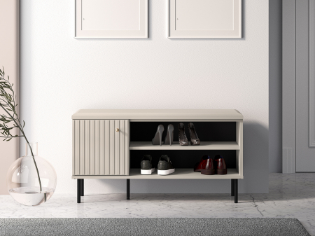 Pantofar/dulap pantofi hol, 1 usa si raft ,bej crem casmir, pal+mdf casmir , 102x 55x34 cm, usa mdf cu model riflaj, picioare negre, butoni auriu, Bortis [1]