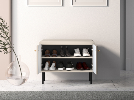 Pantofar/dulap pantofi hol, 2 usi si raft ,bej crem casmir, pal+mdf casmir , 68x 55x34 cm, usa mdf cu model riflaj, picioare negre, butoni auriu, Bortis [5]