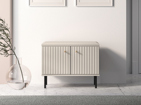 Toate Produsele - Pantofar/dulap pantofi hol, 2 usi si raft ,bej crem casmir, pal+mdf casmir , 68x 55x34 cm, usa mdf cu model riflaj, picioare negre, butoni auriu, Bortis