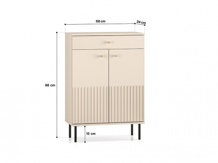 Pantofar/dulap pantofi hol, cu 2 usi  si sertar,bej crem casmir, pal+mdf casmir , 98x68x34 cm, usa mdf cu model riflaj, picioare negre, butoni auriu, Bortis [2]