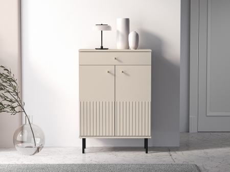 Toate Produsele - Pantofar/dulap pantofi hol, cu 2 usi  si sertar,bej crem casmir, pal+mdf casmir , 98x68x34 cm, usa mdf cu model riflaj, picioare negre, butoni auriu, Bortis
