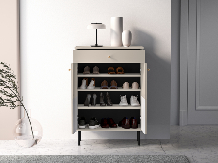 Pantofar/dulap pantofi hol, cu 2 usi  si sertar,bej crem casmir, pal+mdf casmir , 98x68x34 cm, usa mdf cu model riflaj, picioare negre, butoni auriu, Bortis [4]