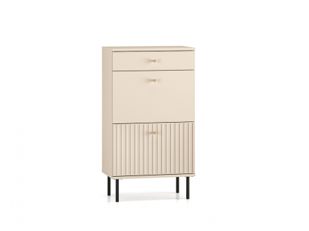 Pantofar/dulap pantofi hol, cu usi rabatabile si sertar,bej crem casmir,  pal+mdf casmir , 98x 55x34 cm, usa mdf cu model riflaj, picioare negre, butoni auriu, Bortis [3]
