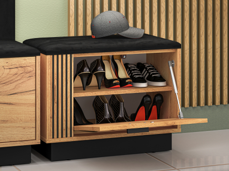 Pantofar/dulap pantofi hol, stil bancuta -tapitata partea de sus, 1 usa , stejar craft+negru, pal , 60x 49x34 cm, insertie negru model riflaj [4]