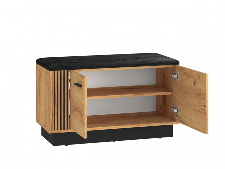 Pantofar/dulap pantofi hol, stil bancuta -tapitata partea de sus,  2 usi , stejar craft+negru, pal , 80x 49x34 cm, insertie negru model riflaj [5]