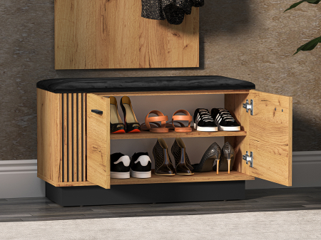 Pantofar/dulap pantofi hol, stil bancuta -tapitata partea de sus,  2 usi , stejar craft+negru, pal , 80x 49x34 cm, insertie negru model riflaj [2]