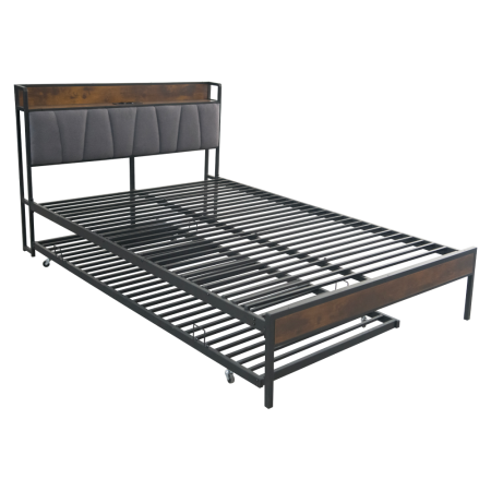 Pat cu pat cu somieră şi pat suplimentar extensibil, 140x200, negru/gri, NORDO [3]