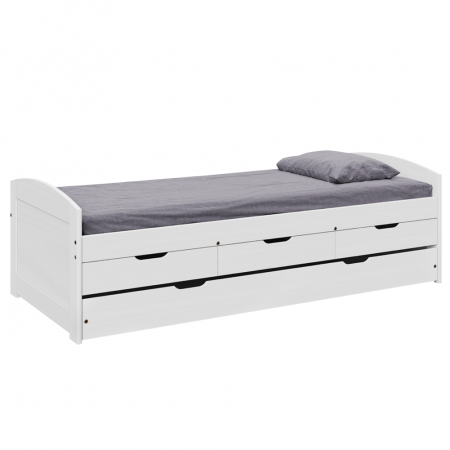 Paturi pentru copii - Pat cu pat suplimentar extensibil, alb, lemn masiv, 90x200, MARINELLA NEW
