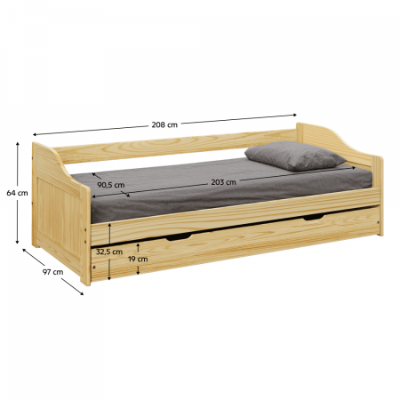 Pat cu pat suplimentar extensibil, din lemn masiv, 90x200, LAURA NEW [1]