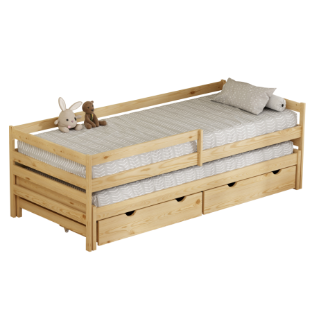Paturi pentru copii - Pat cu pat suplimentar şi spaţiu de depozitare, 90x200, natural, ELARA