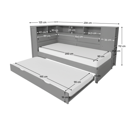 Pat cu rafturi şi pat suplimentar, gri, 90x200, LENDON [2]