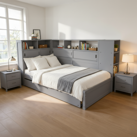 Pat cu rafturi şi pat suplimentar, gri, 90x200, LENDON [7]