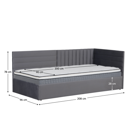 Pat cu somieră, 90x200, ţesătură gri Velvet, MEVIA [3]