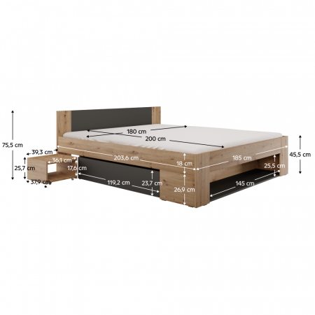Pat cu spaţiu de depozitare, 180x200, stejar artisan/antracit, UNIS [1]