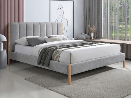 Paturi tapitate - Pat dormitor tapitat ,dublu, stofa textil catifelata gri deschis, 160x200, suport saltea fix inclus, pe picioare, tablie matalasata, Bortis