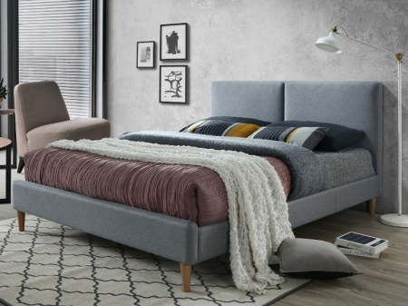 Paturi tapitate - Pat dormitor tapitat ,dublu, stofa textil gri, 160x200, suport saltea fix inclus, pe picioare, Bortis