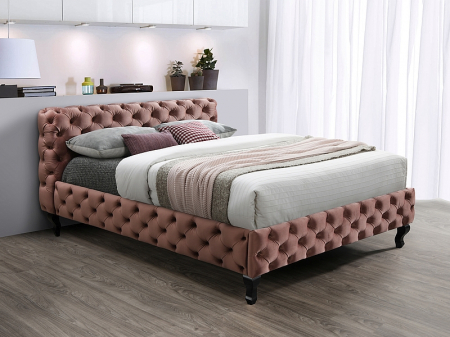 Toate Produsele - Pat dormitor tapitat , matlasat, stofa textil catifelata roz caramiziu, 160x200, suport saltea fix inclus, pe picioare, tablie matalasata, Bortis