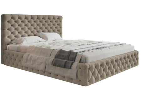 Toate Produsele - Pat dublu dormitor, tapitat culoare stofa bej-maro deschis , 160x200, matlasat, elegant cu somiera rabatabila, cu lada, robust, Bortis