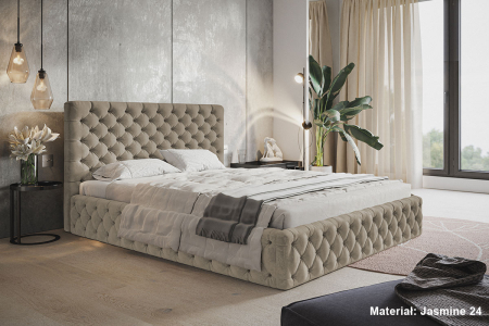 Pat dublu dormitor, tapitat culoare stofa bej-maro deschis , 160x200, matlasat, elegant cu somiera rabatabila, cu lada, robust, Bortis [1]