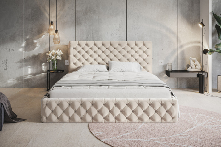 Pat dublu dormitor, tapitat culoare stofa crem , 160x200, matlasat, elegant cu somiera rabatabila, cu lada, robust, Bortis [1]