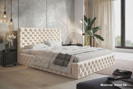 Paturi tapitate dormitor - Pat dublu dormitor, tapitat culoare stofa crem , 160x200, matlasat, elegant cu somiera rabatabila, cu lada, robust, Bortis