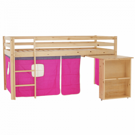 Pat pentru copil, inaltat ,cu cort roz si birou culisabil,lemn pin,Bortis Impex [0]
