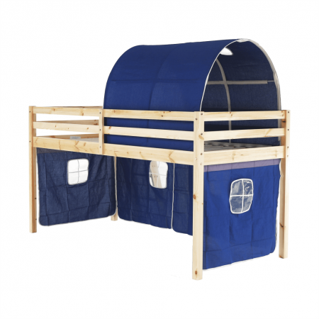 Pat pentru copil, inaltat ,cu cort si tunel albastru,208x90x110 cm,lemn pin,Bortis Impex [4]