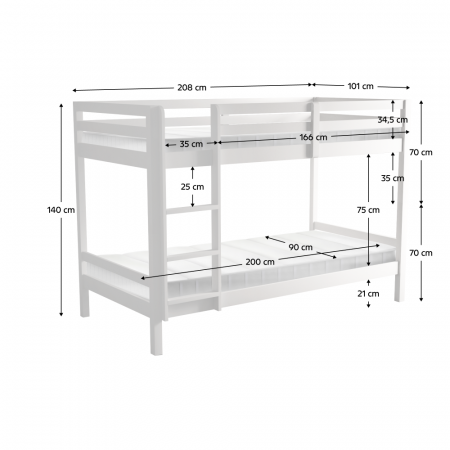 Pat supraetajat, 90x200, lemn masiv, alb, INEZA [8]