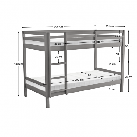 Pat supraetajat, 90x200, lemn masiv, gri, INEZA [8]