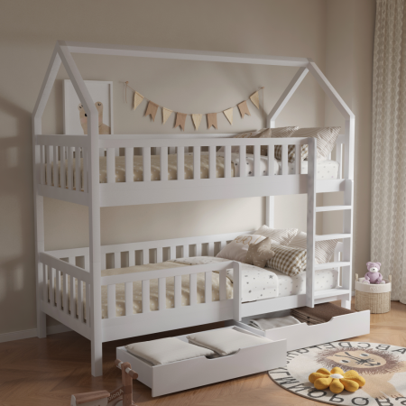 Pat supraetajat copii, alb , cu 2 sertare, suport pentru saltea inclus, forma casuta [4]