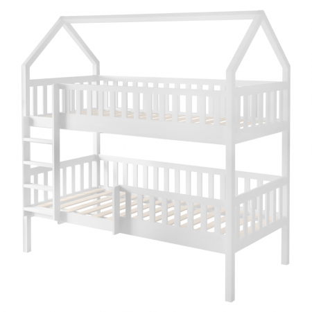 Pat supraetajat copii, alb , cu 2 sertare, suport pentru saltea inclus, forma casuta [1]