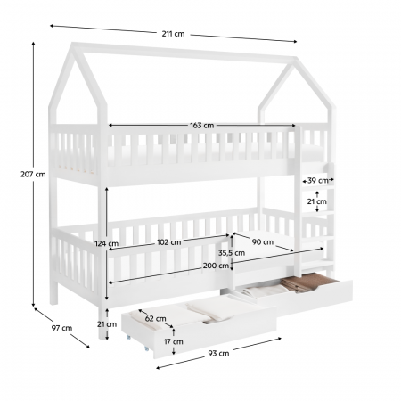 Pat supraetajat copii, alb , cu 2 sertare, suport pentru saltea inclus, forma casuta [3]