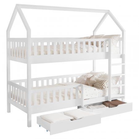 Paturi supraetajate - Pat supraetajat copii, alb , cu 2 sertare, suport pentru saltea inclus, forma casuta