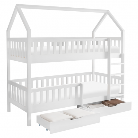 Pat supraetajat copii, alb , cu 2 sertare, suport pentru saltea inclus, forma casuta [5]