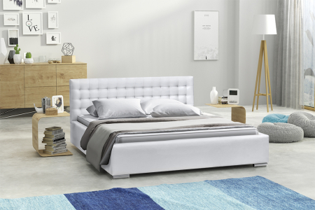 Paturi tapitate , Canapele si Coltare la comanda ! - Pat tapitat de dormitor, 160x200, piele eco alb, cu suport saltea rabatabil si lada depozitare, Bortis Impex