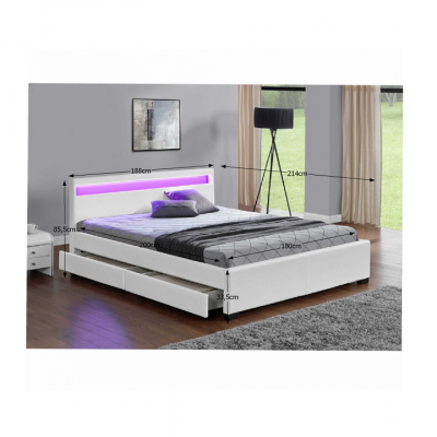 Toate Produsele - Pat tapitat dormitor ,180x200, modern,led ,suport saltea inclus,4 sertare,piele eco alb,Bortis
