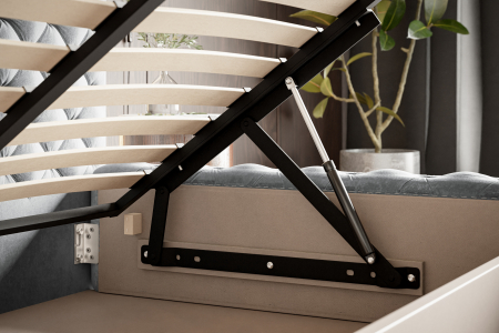 Pat tapitat dormitor, Chesterfield, 160x200, modern Lux ,, somiera metalica rabatabila, cu lada ,  matlasat , stofa catifelata Gri inchis, picioare metalice cromate, Bortis [5]