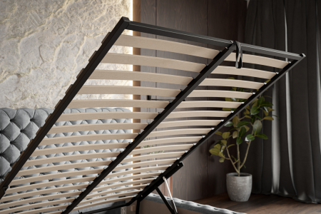 Pat tapitat dormitor, Chesterfield, 160x200, modern Lux ,, somiera metalica rabatabila, cu lada ,  matlasat , stofa catifelata Gri inchis, picioare metalice cromate, Bortis [6]