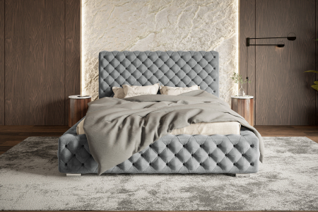 Pat tapitat dormitor, Chesterfield, 160x200, modern Lux ,, somiera metalica rabatabila, cu lada ,  matlasat , stofa catifelata Gri inchis, picioare metalice cromate, Bortis [8]