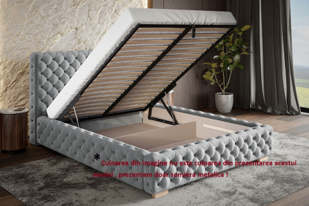 Pat tapitat dormitor, Chesterfield, 160x200, modern Lux ,, somiera metalica rabatabila, cu lada ,  matlasat , stofa catifelata Gri inchis, picioare metalice cromate, Bortis [3]