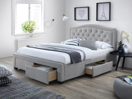 Paturi tapitate - Pat  tapitat dormitor, cu 4 sertare, spatiu depozitare, matlasat, stofa textil  gri, 160x200, suport saltea fix inclus, pe picioare, tablie matalasata,