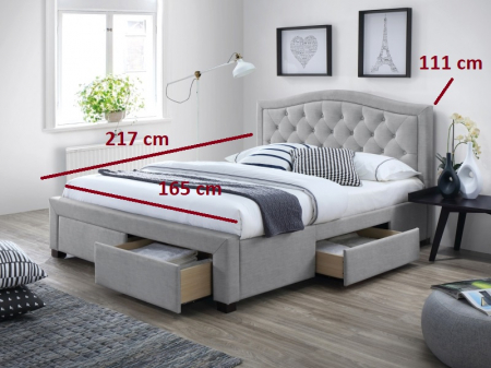 Pat  tapitat dormitor, cu 4 sertare, spatiu depozitare, matlasat, stofa textil  gri, 160x200, suport saltea fix inclus, pe picioare, tablie matalasata, [1]
