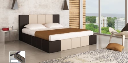 Paturi cu saltea inclusa(pachet promo) - Pat tapitat dormitor cu lada , somiera si saltea inclusa , 160x200, piele eco maro inchis si crem, saltea spuma, Bortis