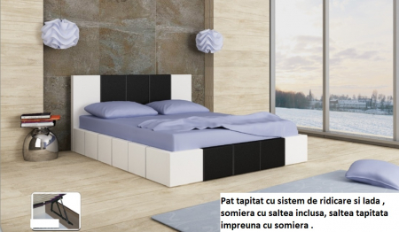 Toate Produsele - Pat tapitat dormitor cu lada , somiera si saltea inclusa , 160x200, piele eco negru si alb, saltea spuma, Bortis