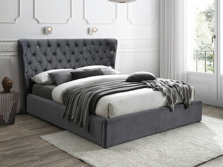 Toate Produsele - Pat tapitat dormitor , loc saltea 160x200, stofa catifelata gri , cu suport saltea inclus-lamelara fix,  tablie inalta, matlasata cu model , design unicat,