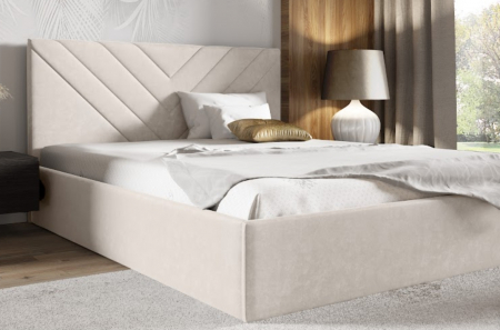 Paturi tapitate , Canapele si Coltare la comanda ! - Pat tapitat dormitor, stofa/textil crem deschis, 160x200, model in tablie matlasata, cadru suport de saltea fix inclus