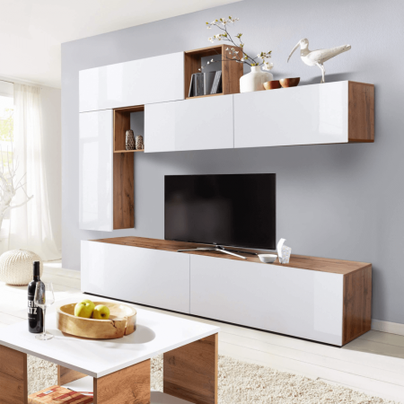 Set mobilier Living - Perete living, alb cu luciu extra ridicat HG/stejar wotan, MIRALDA