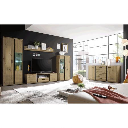 Perete living, stejar artizan / negru, KANODE [1]