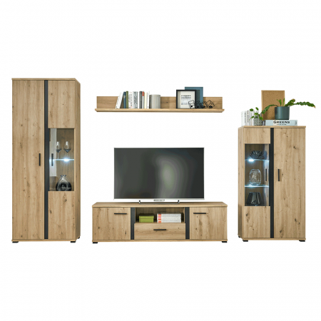 Perete living, stejar artizan / negru, KANODE [4]